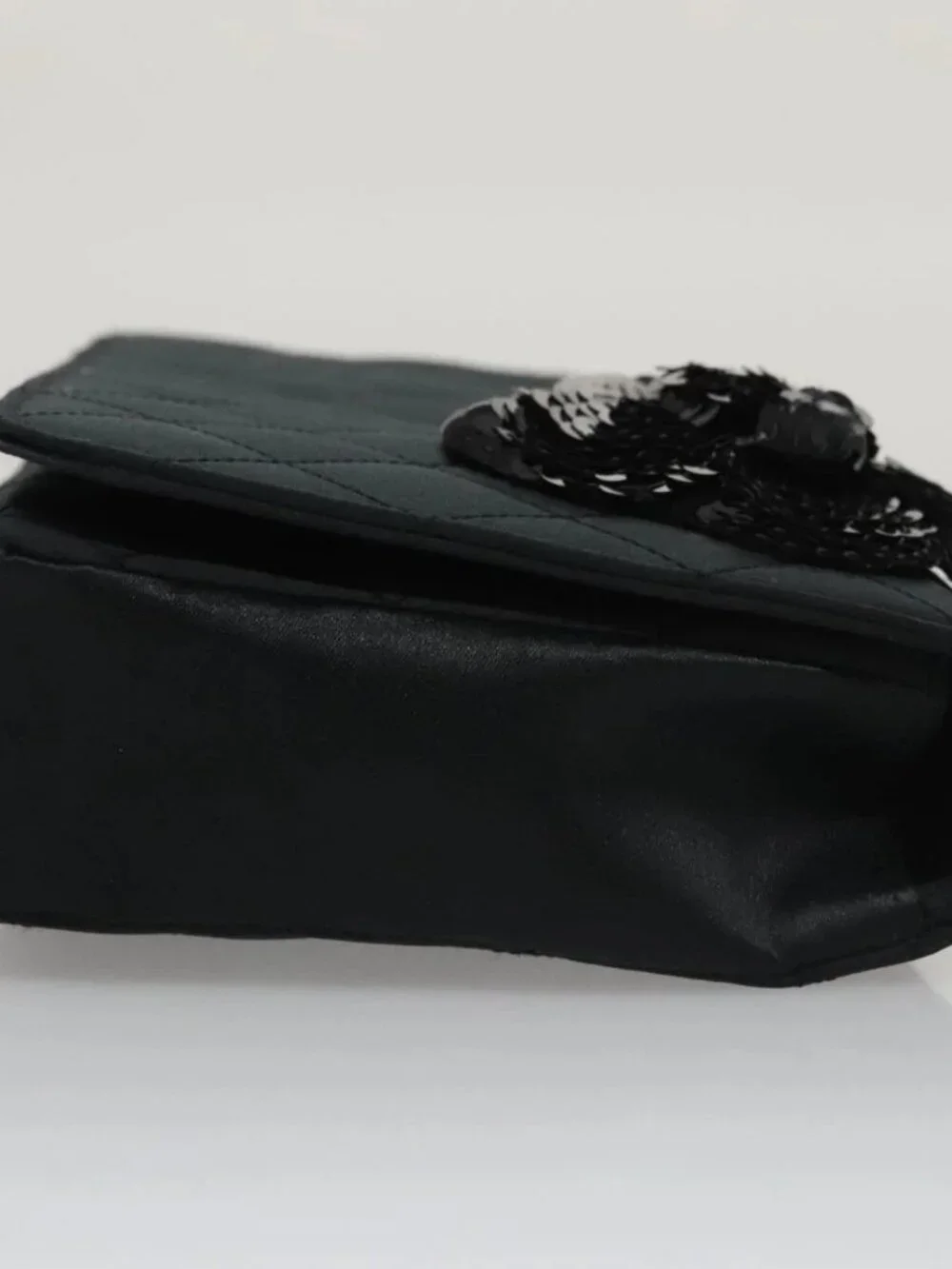 CHANEL Matelasse Sequin Flower Shoulder Bag Satin Black CC Auth 99855V